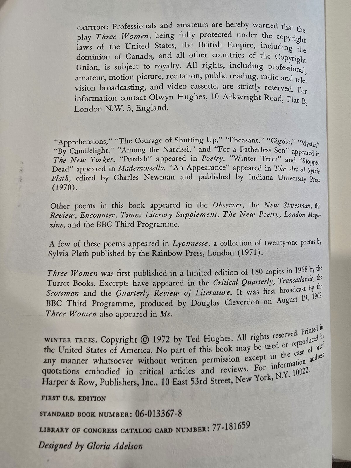 Winter Trees by Sylvia Plath, 1st US Edition, 1st Printing, HC DJ