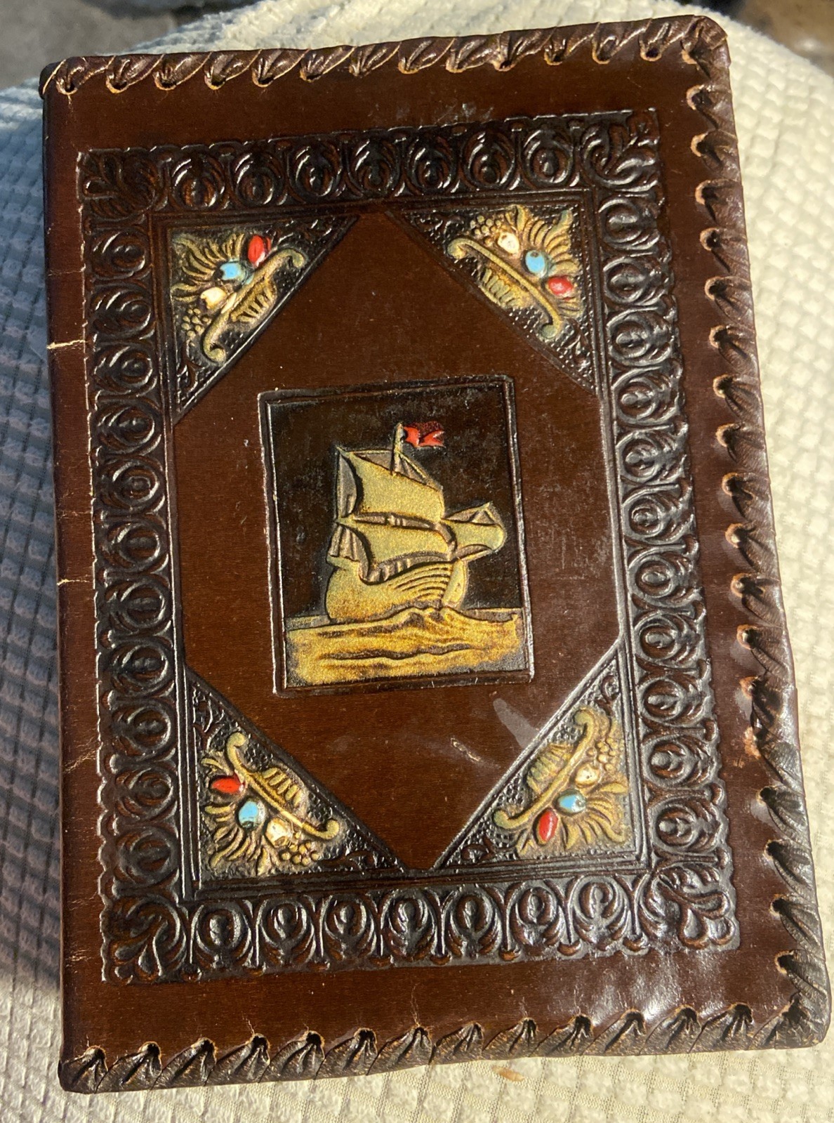 VTG Italian Embossed Leather Book Cover Featuring a Carved Sailing Ship.8″x 5.5″