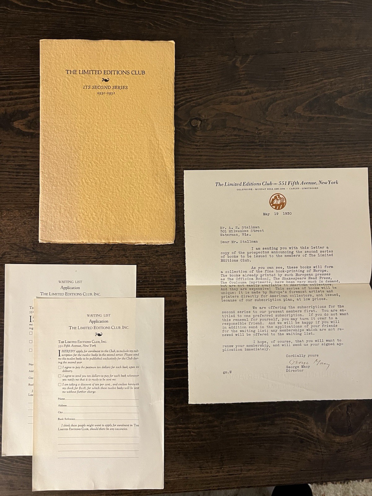 The Limited Editions Club: Its Second Series 1930-1931 w/ letter rom George Macy
