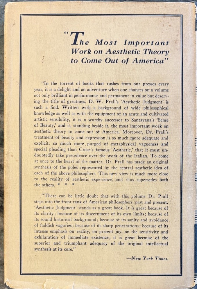 Aesthetic Analysis by D. W. Prall (1st Edition Book – 1936) With Dust Jacket