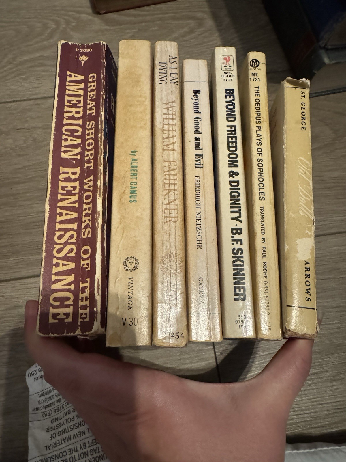 Lot of 7 Beige/Neutral Colored Antique Books. 1 Hardcover, 1st Edition, & 6 Soft