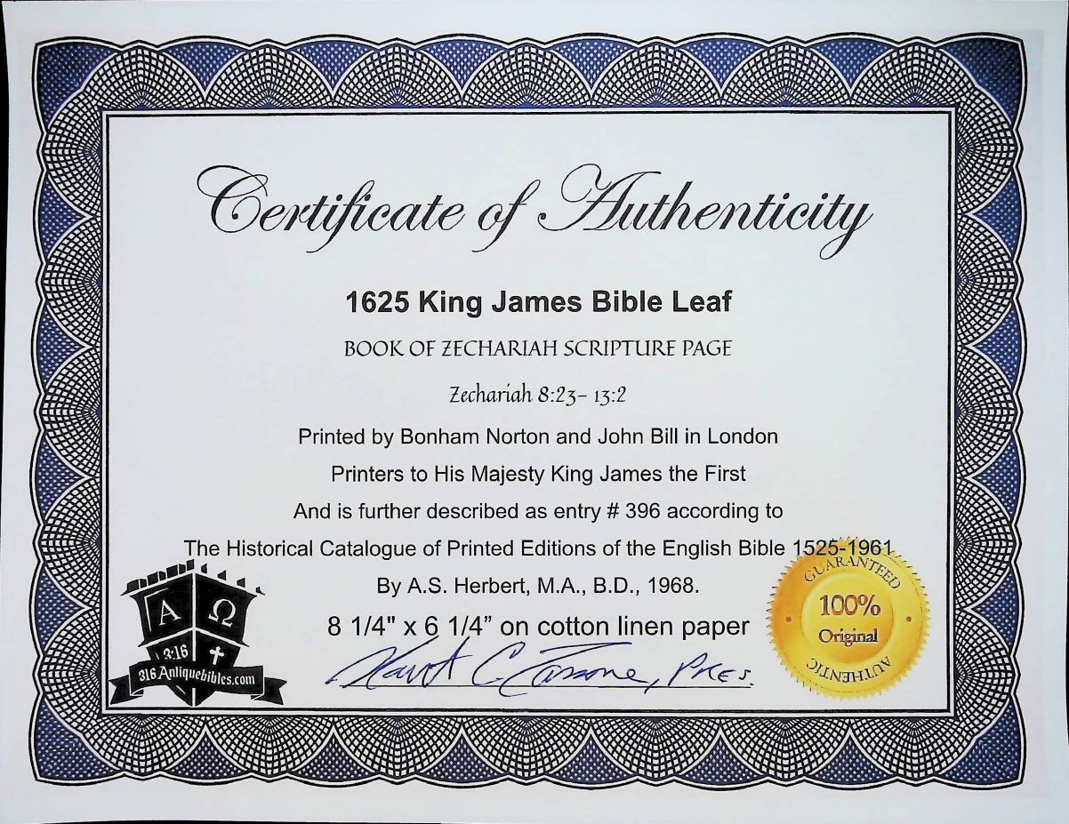 THY KING COMMETH 1625 KING JAMES BIBLE PAGE ,ZECHARIAH 9 LAST IN KING’S LIFETIME