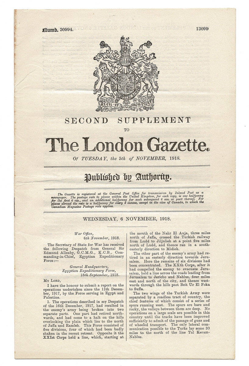 [T.E. Lawrence / Allenby] Second Supplement to The London Gazette 1st ed. 1918