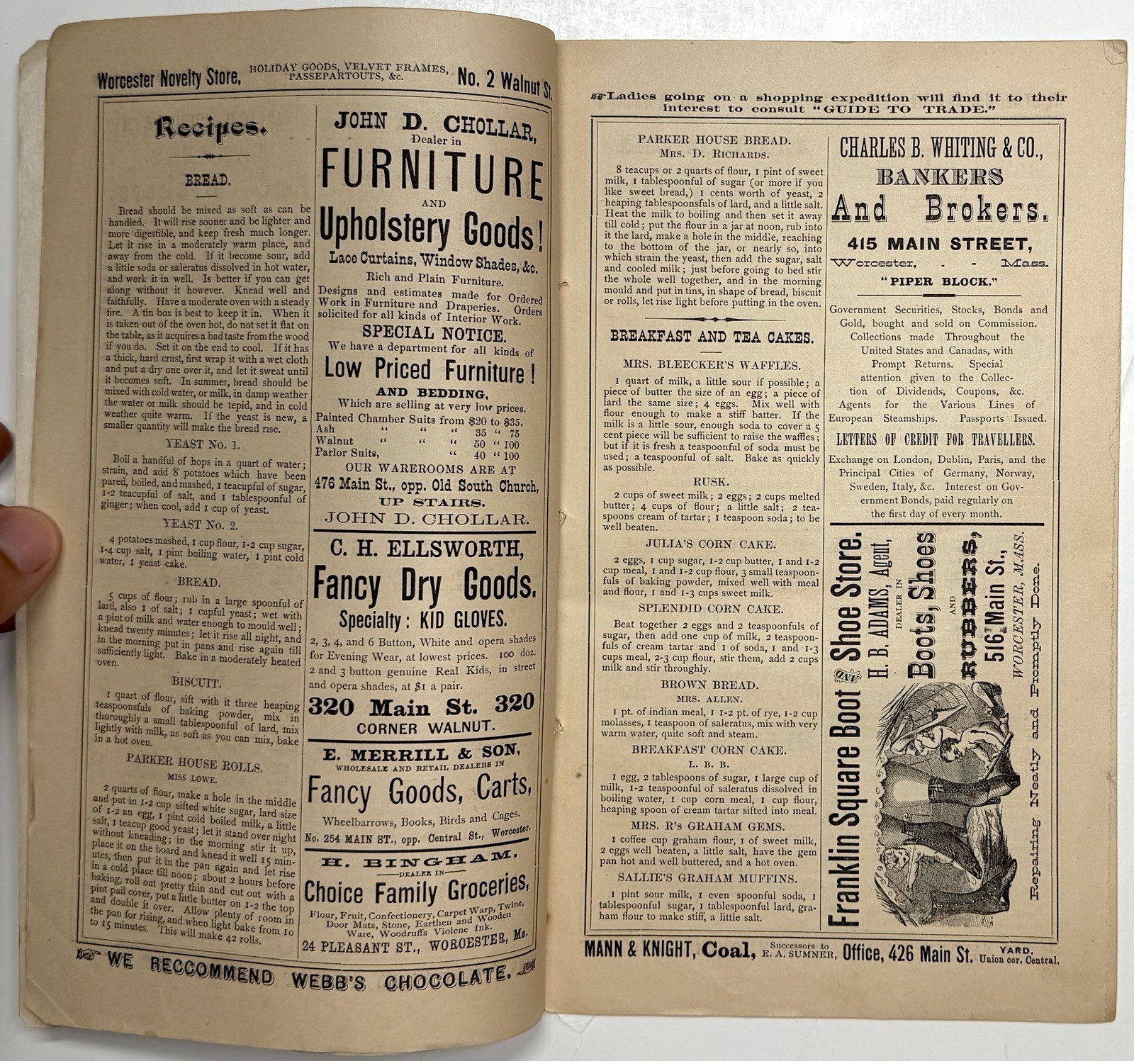 1878 WORCESTER HOUSEKEEPERS ASSISTANT METHODIST COOKBOOK CHRISTMAS FAIR ADS MASS