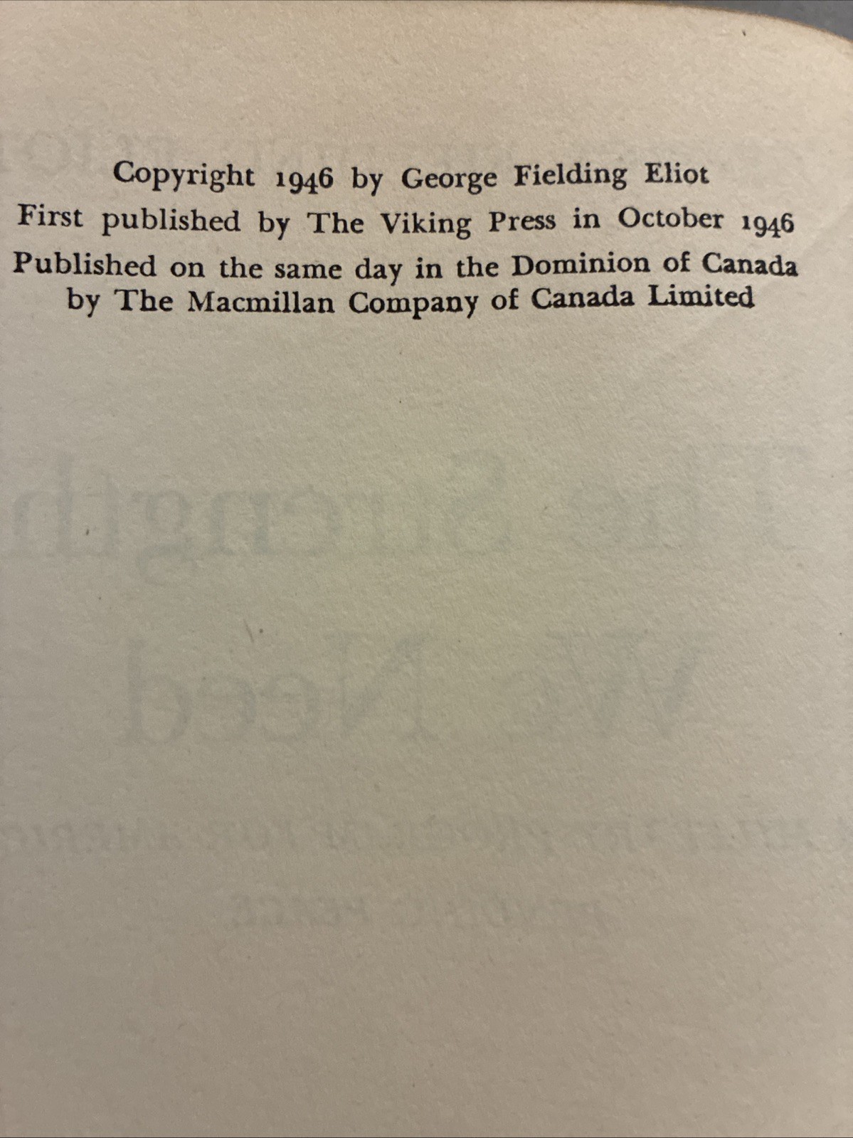 The Strength We Need By George Fielding Eliot Rare First Ed. 1946, HBDJ