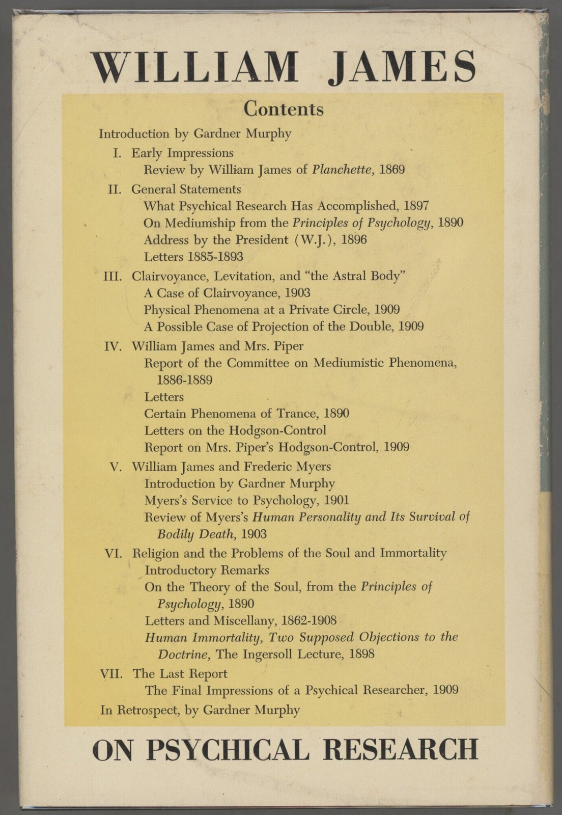 Gardner Murphy / William James on Psychical Research 1st Edition 1960
