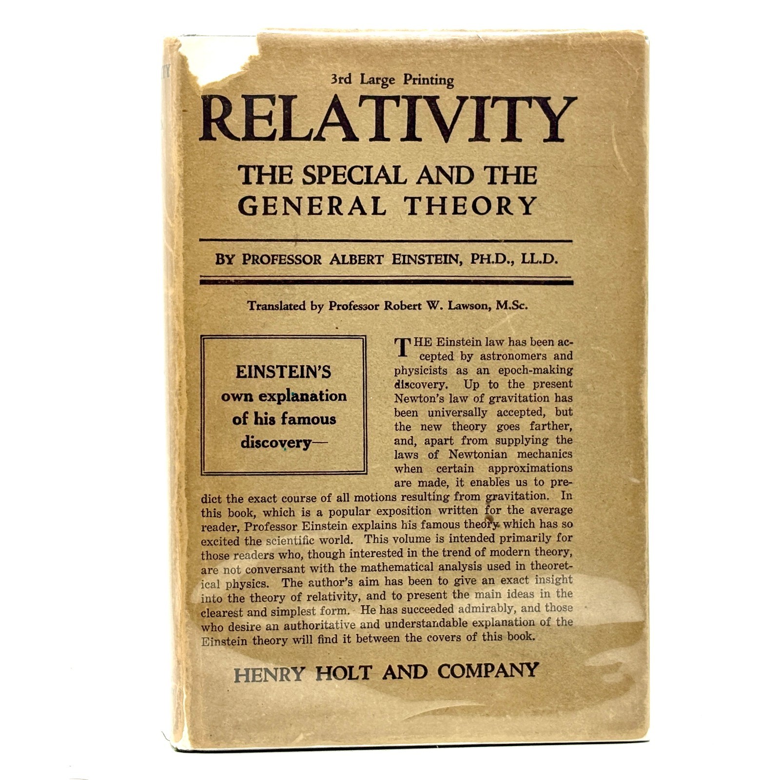 EINSTEIN, Albert “Relativity: The Special and the General Theory” [1921] 3rd