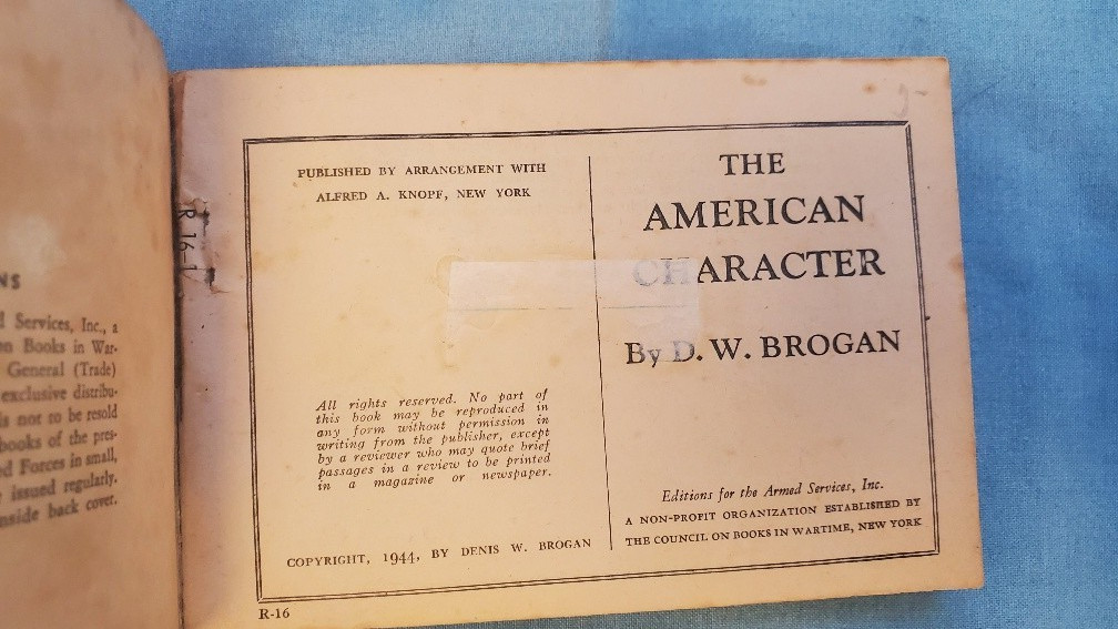 Armed Services Edition The American Character R-16 Brogan Very Good minus