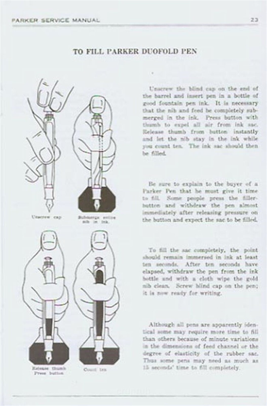 Parker Pen Repair Manual reprint by the Parker Pen Company with 110 b/w drawings