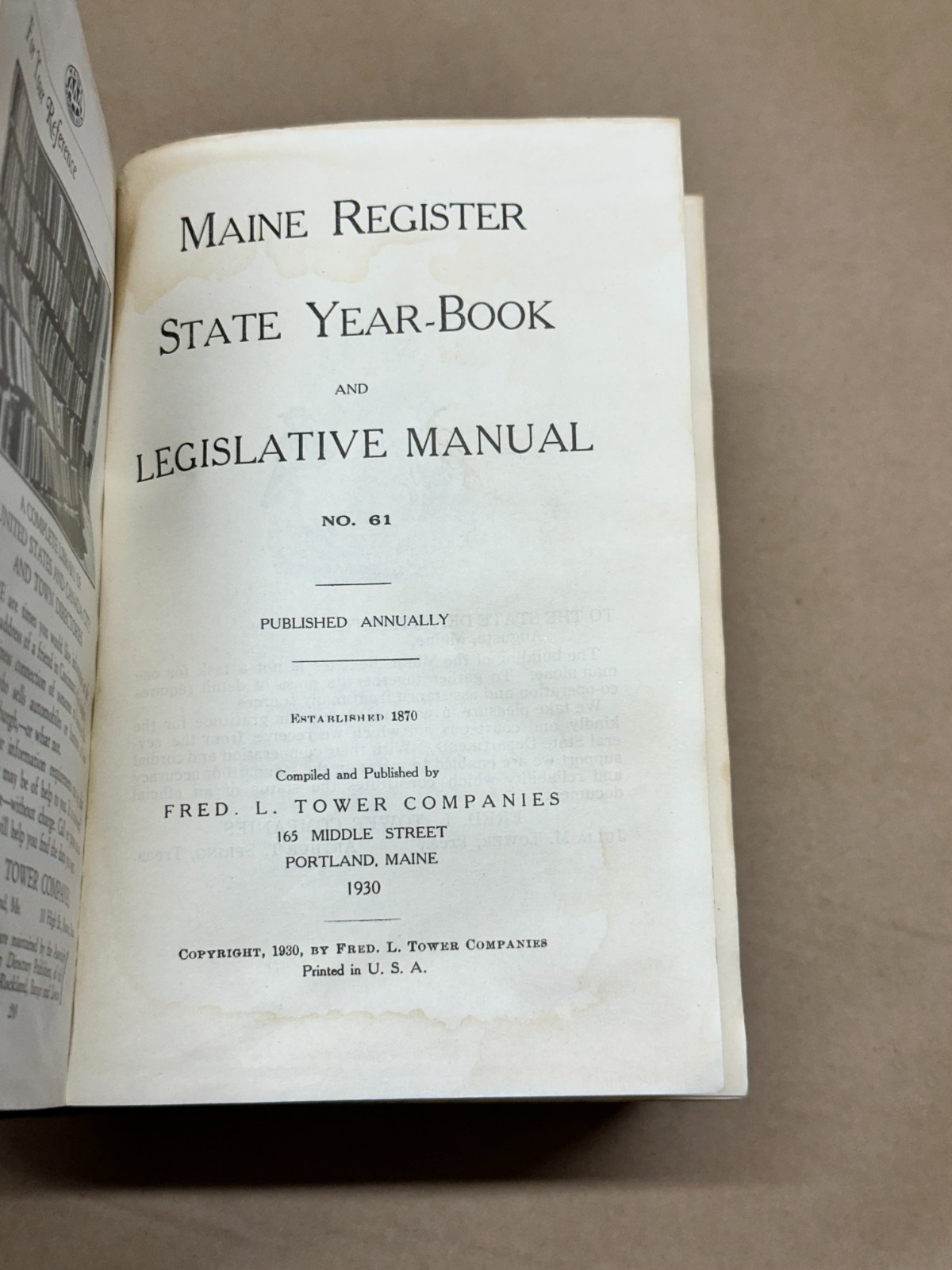 1930-31 Maine Register State Year-Book, Legislative Manual No. 61 Annual