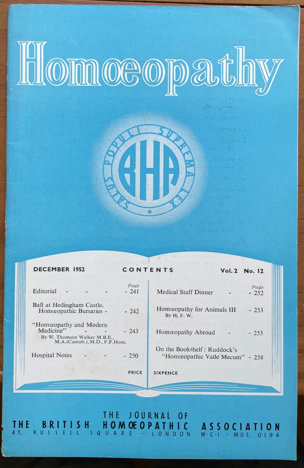 HOMOEOPATHY – BRITISH HOMOEOPATHIC ASSN – ALTERNATIVE NATURAL MEDICINE, Dec 1952