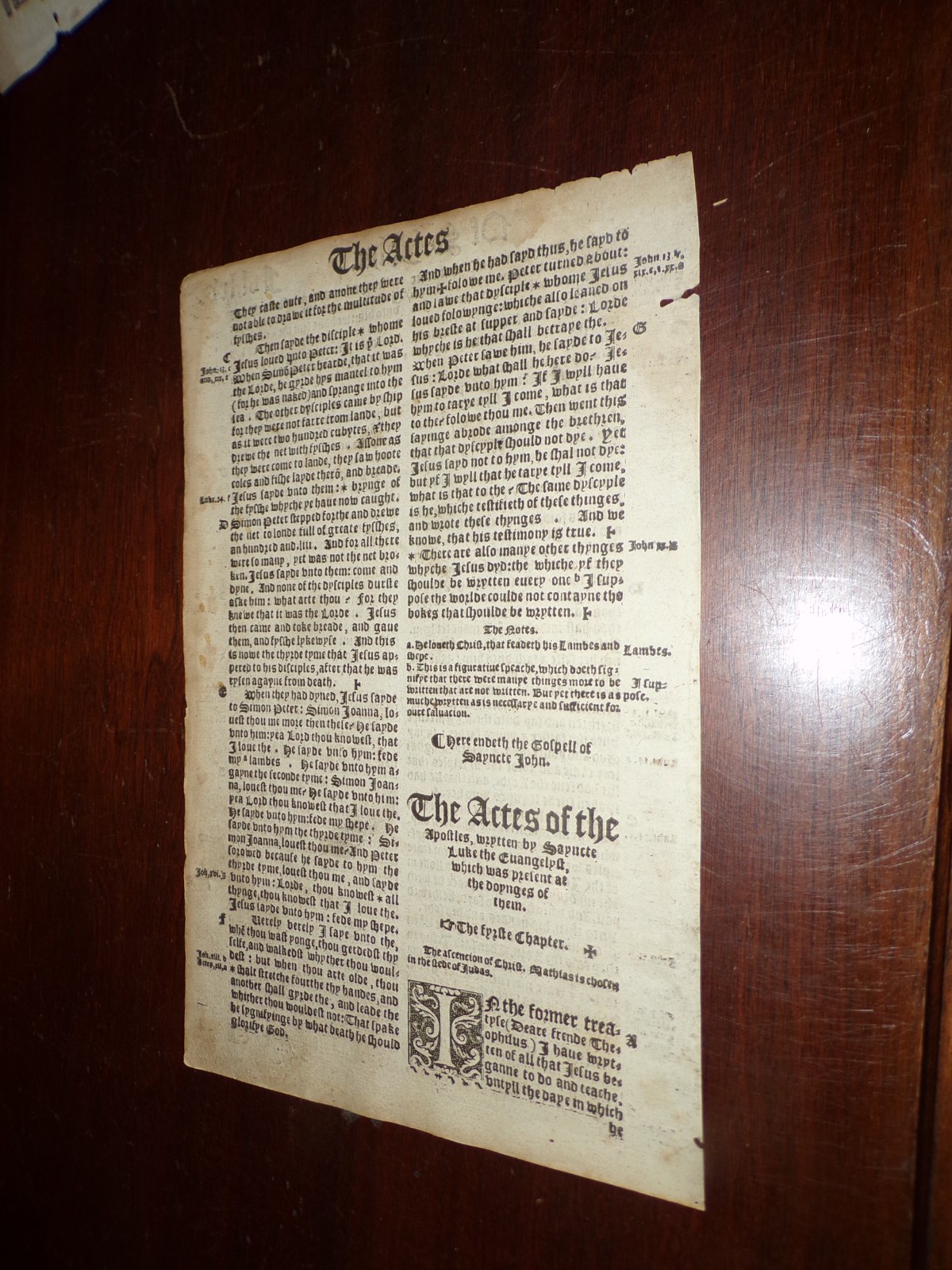 1551-Tyndale-Matthews Bible Leaf-End of Gospel of John-Resurrection-Acts Title!