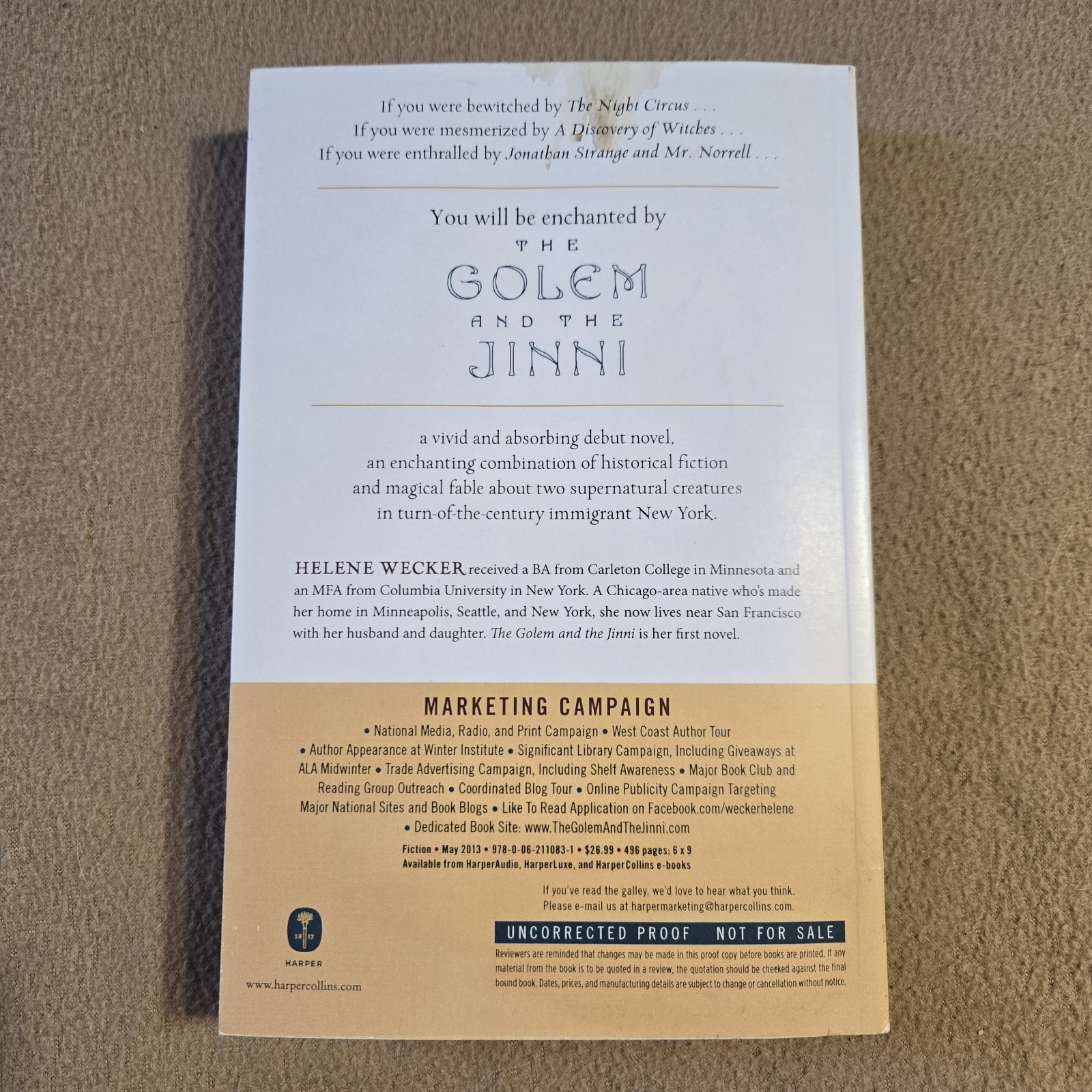 The Golem and the Jinni, Helene Wecker, Uncorrected Proof/ARC, 2013, **READ**