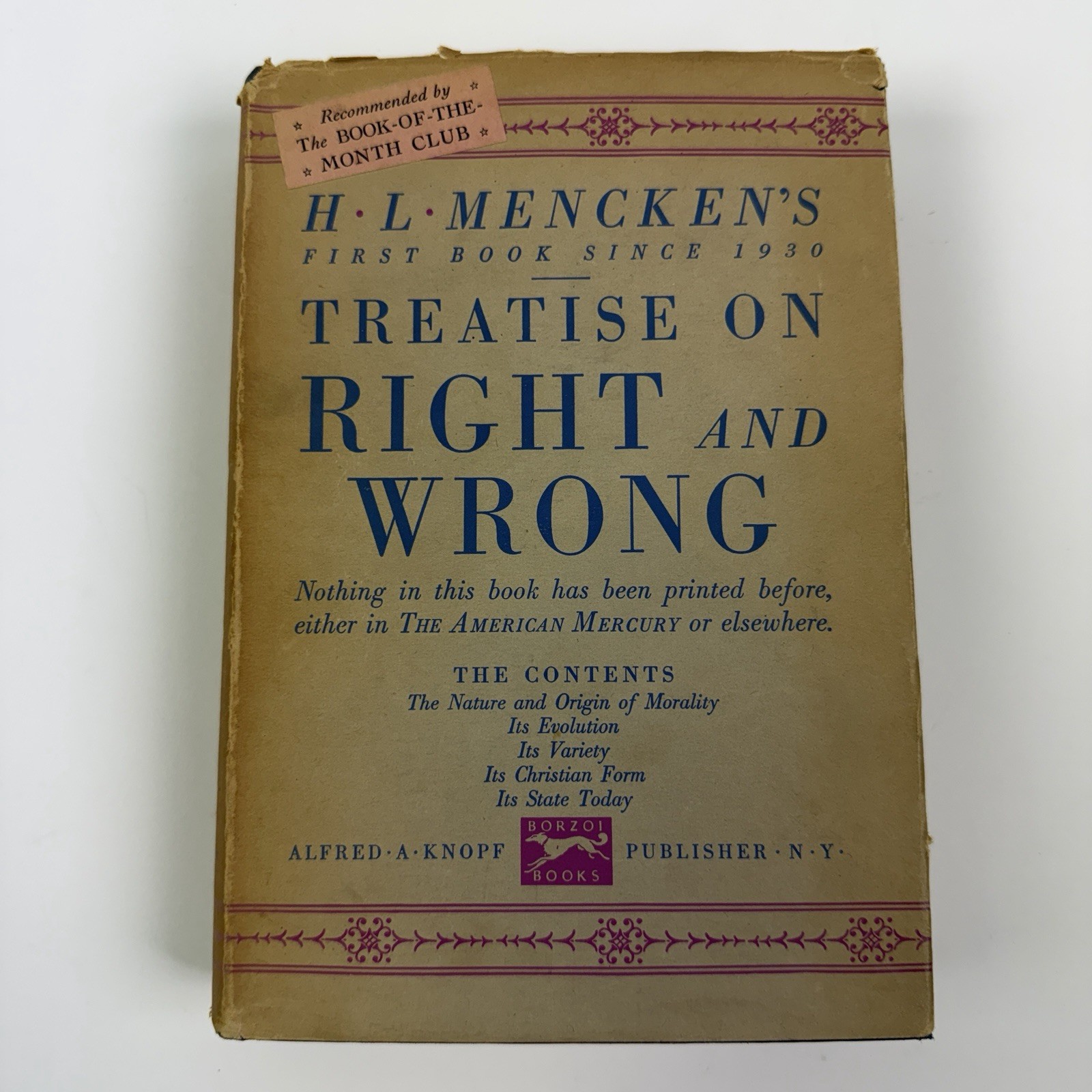 Treatise on Right and Wrong H L Mencken 1934 1st/1st Hardcover w/Jacket