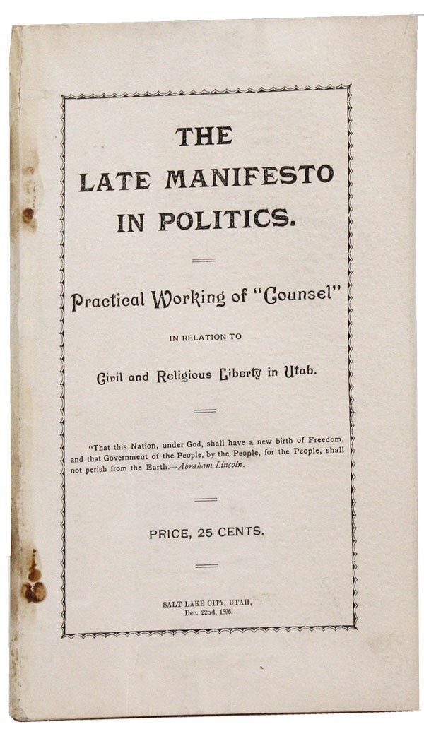 Calvin Reasoner. Church & State…1st ed. Salt Lake City, Utah: 1896.