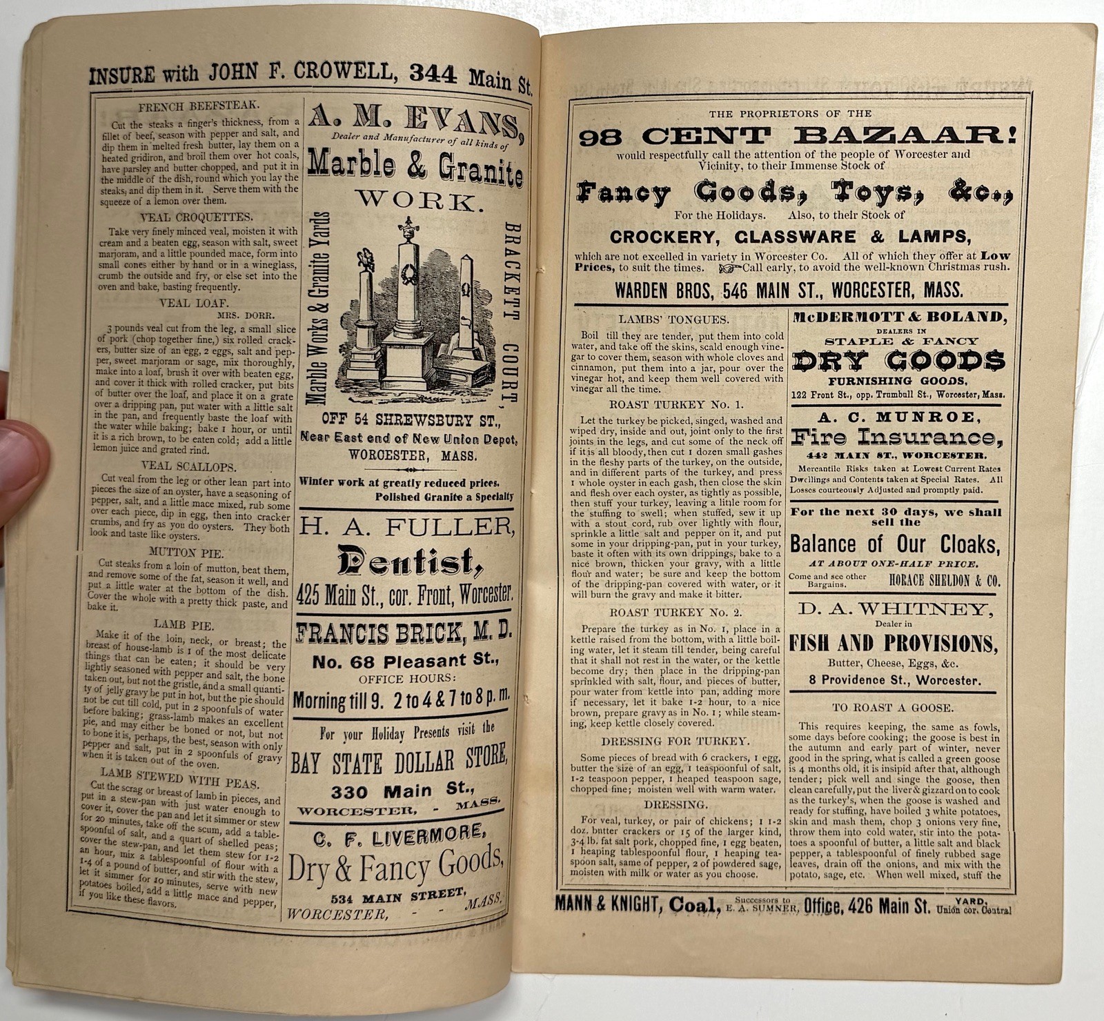1878 WORCESTER HOUSEKEEPERS ASSISTANT METHODIST COOKBOOK CHRISTMAS FAIR ADS MASS