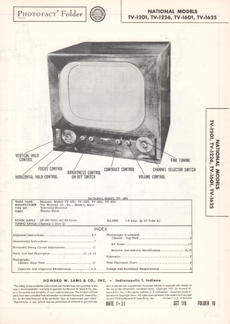 National – Model TV-1201/1226/1601/1625 – TV – Original Service Manual – 1951