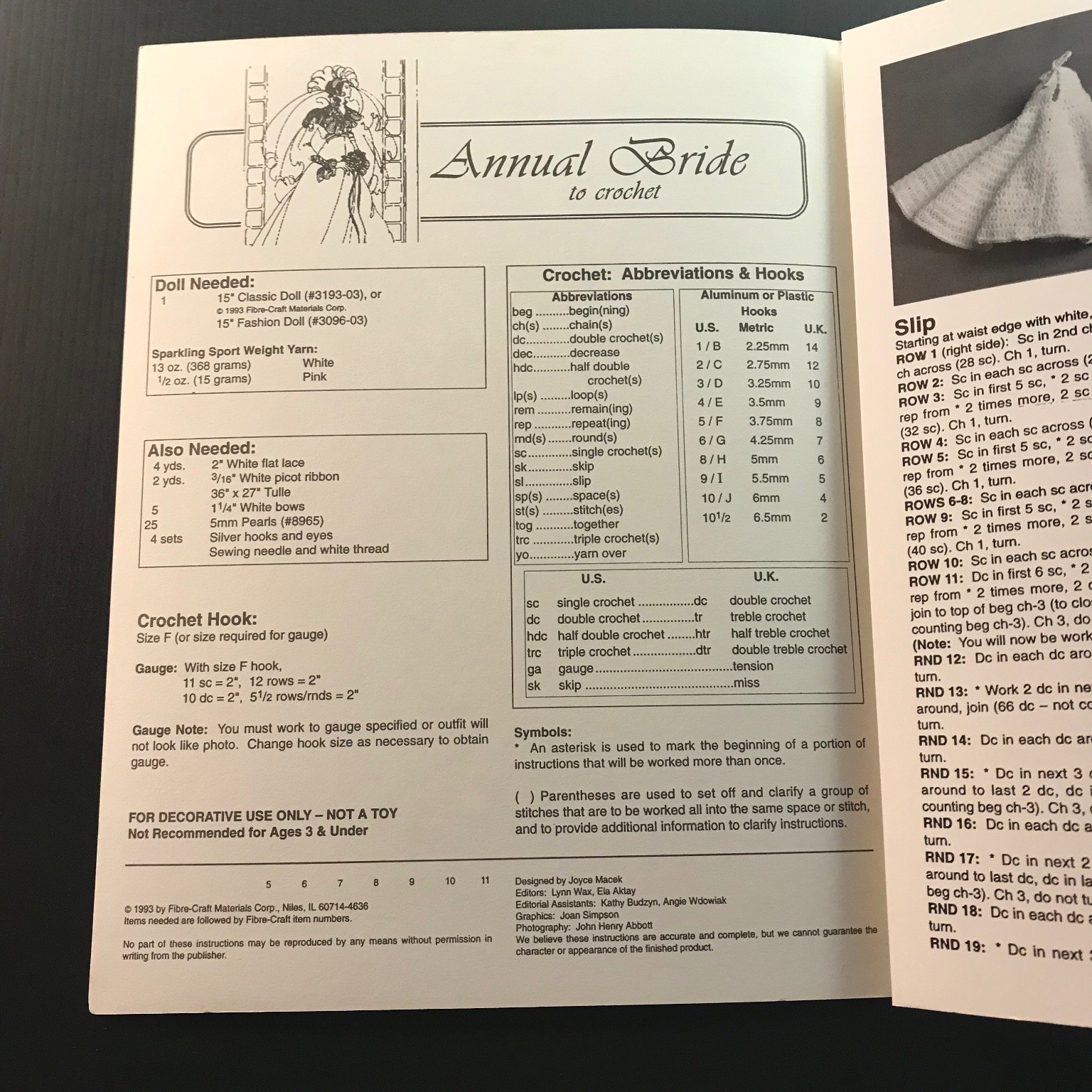 Annual Bride Crochet Doll Pattern 1994 Victorian Outfit Fibre-Craft FCM358