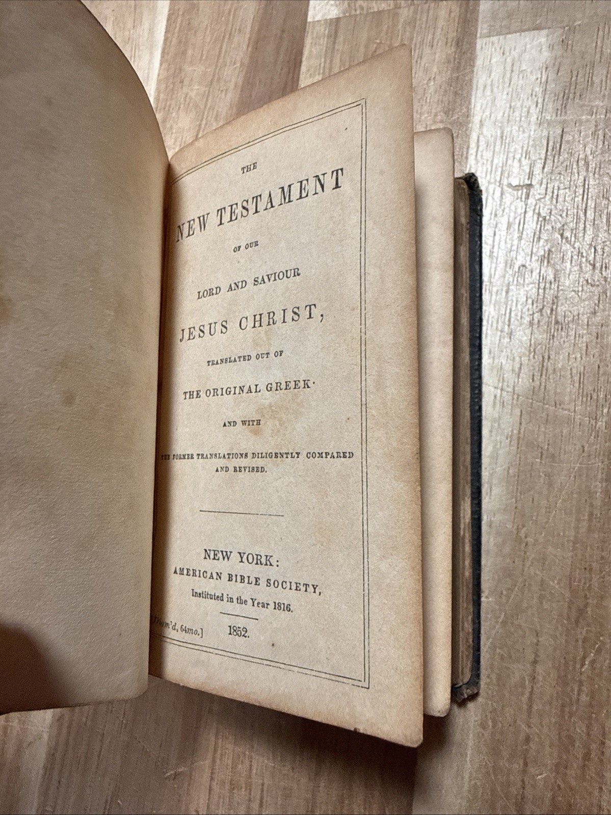 1852 NEW TESTAMENT pocket AMERICAN BIBLE SOCIETY leather PRE CIVIL WAR antique