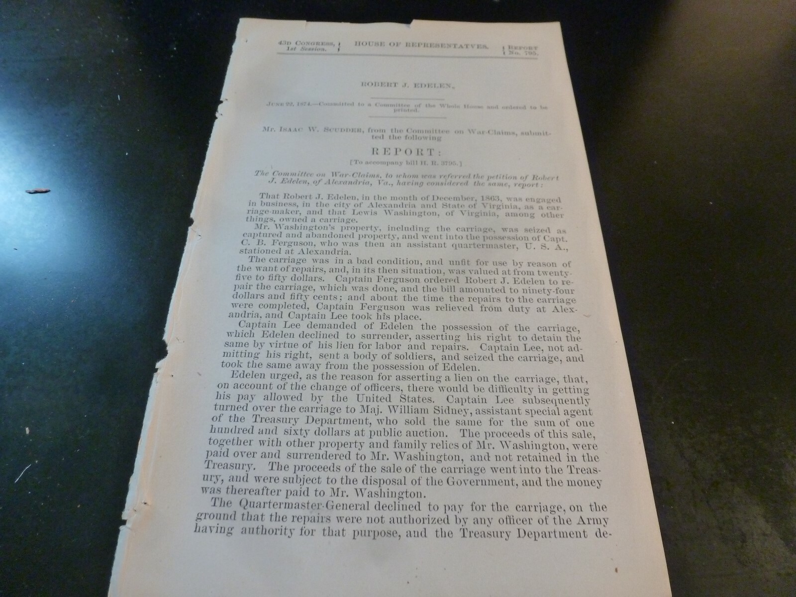 Government Report 1874 Robert Edelen Carriage Maker Alexandria VA Civil War