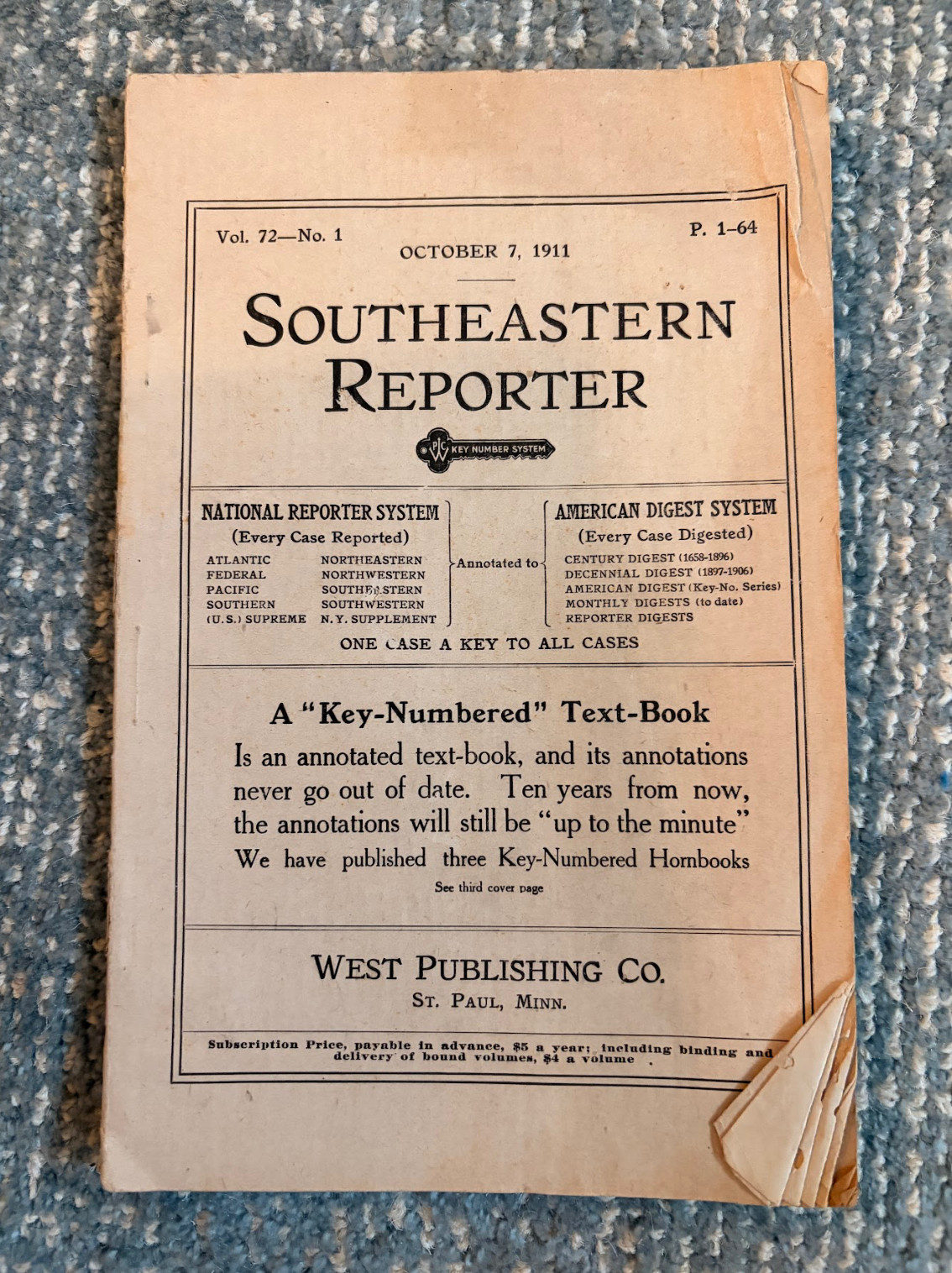 FREE SHIP! Southeastern Reporter October 7, 1911 Vol. 22-No. 1 West Publishing