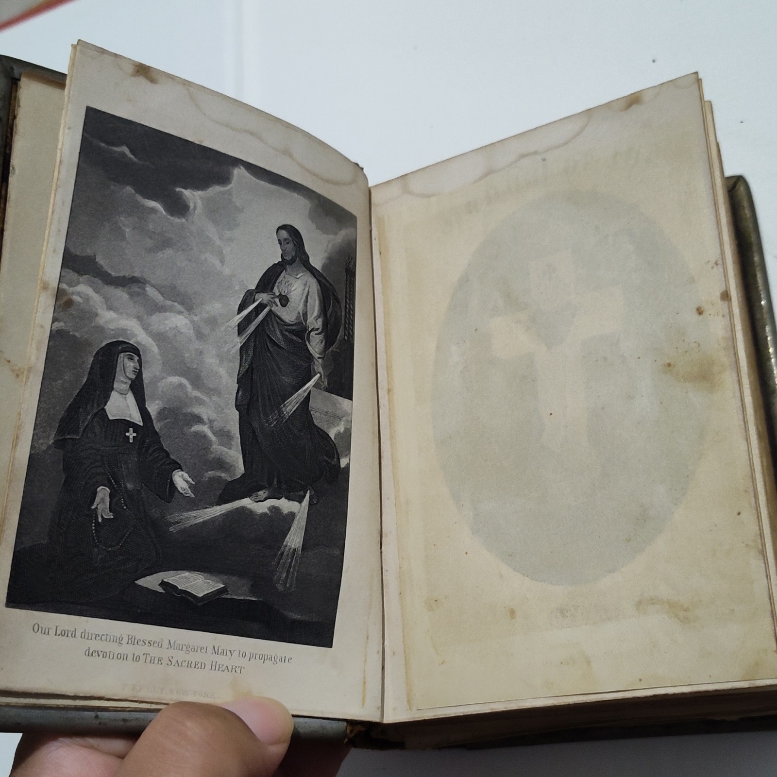 Antique 1877 CatholicPrayerBook-Manualof Sacred Heart-Thomas KellyNY-Metal Clasp