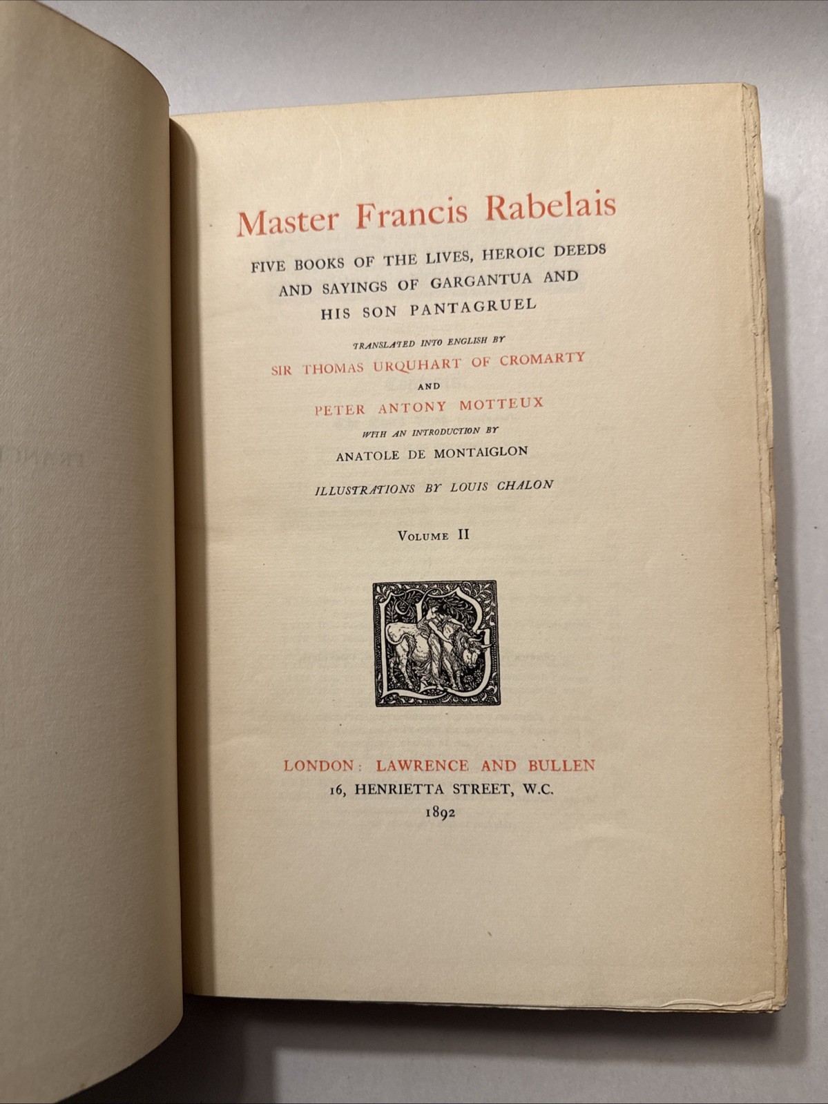 MASTER FRANCIS RABELAIS TRANSLATED BY URQUHART & MOTTEUX, VOLUMES I & II, 1892