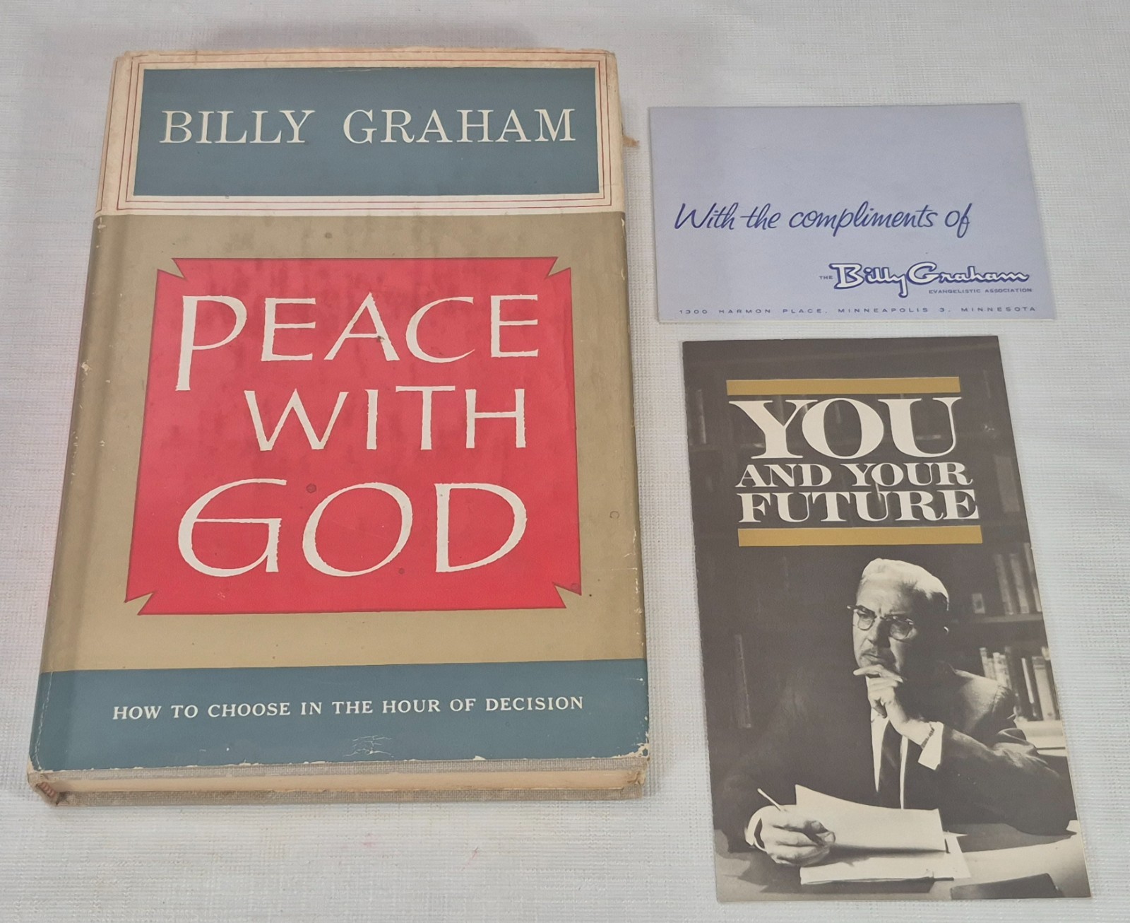 Billy Graham PEACE WITH GOD 1953 Signed 1st Edition + Compliments Card & Tract