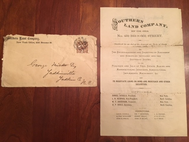 RARE 1869 Southern Land Company NORTH CAROLINA Reconstruction Letter, Yadkin, NC