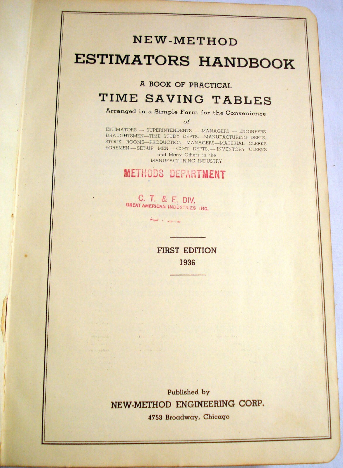 New-Method Estimators Handbook A Book of Practical Time Saving Tables 1936