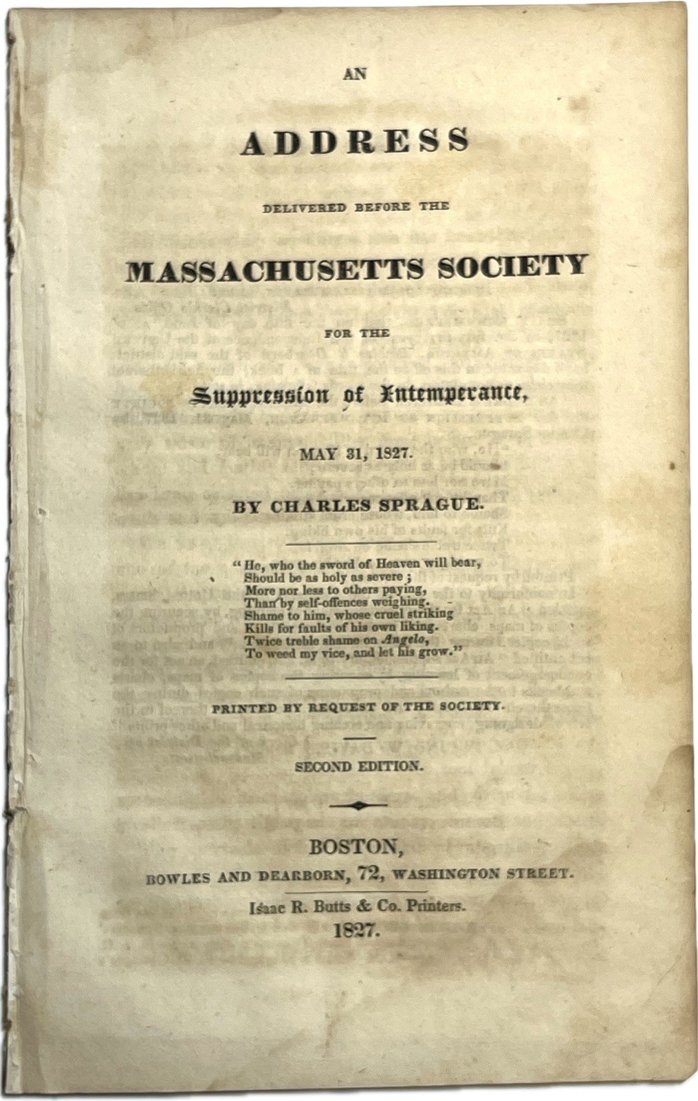1827 ADDRESS CHARLES SPRAGUE MASSACHUSETTS SOCIETY SUPPRESSION INTEMPERANCE 2ND