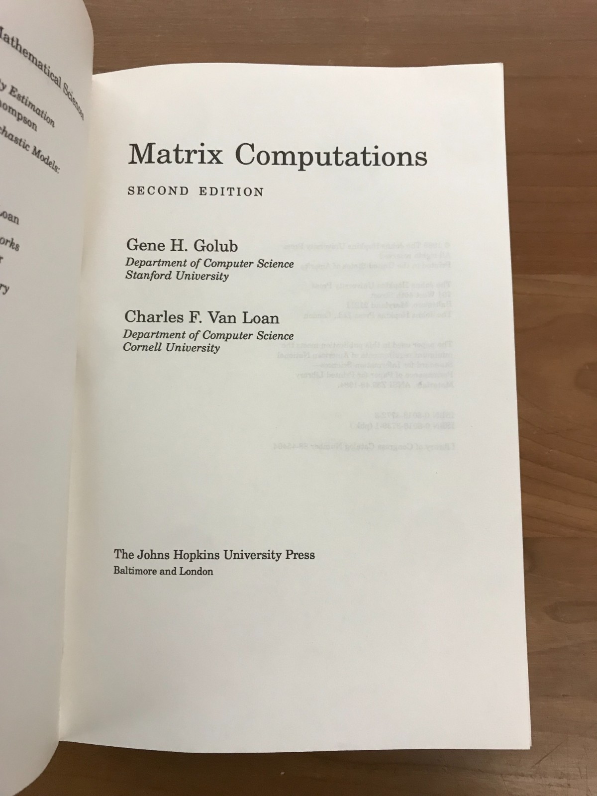 1989 Matrix Computations 2nd Edition by Golub & Van Loan Paperback Book
