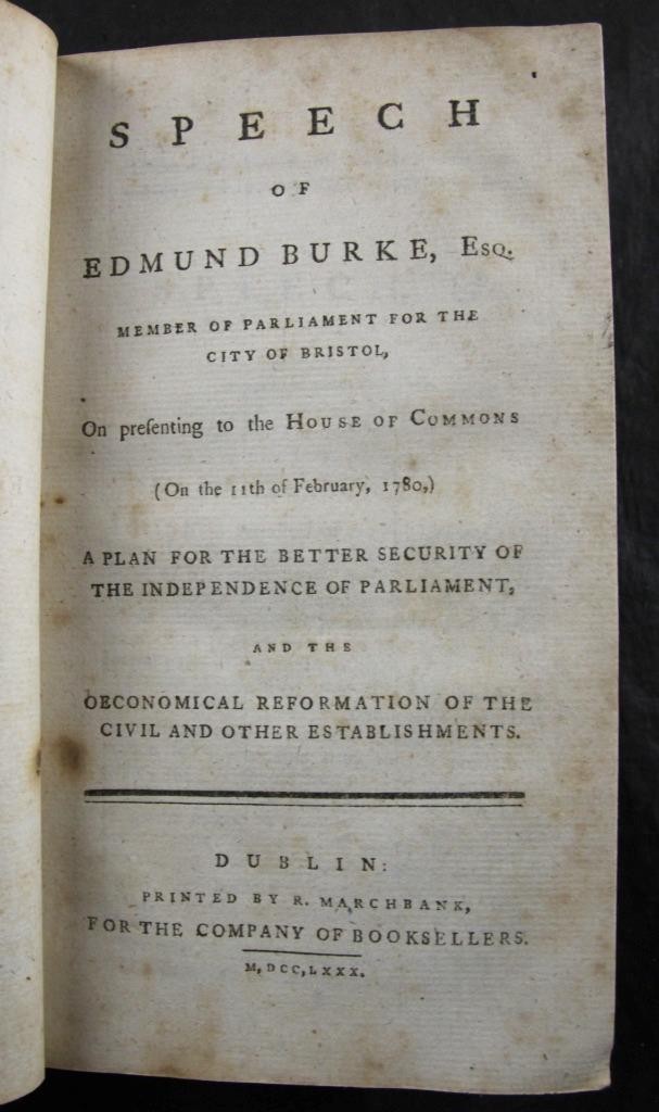 1780 SPEECH EDMUND BURKE, HOUSE OF COMMONS, INDEPENDENCE of PARLIAMENT, DUBLIN