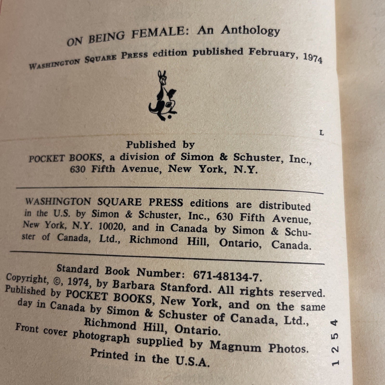 On Being Female An Anthology (edited By Barbara Stanford) 1st Ed. Paperback 1974