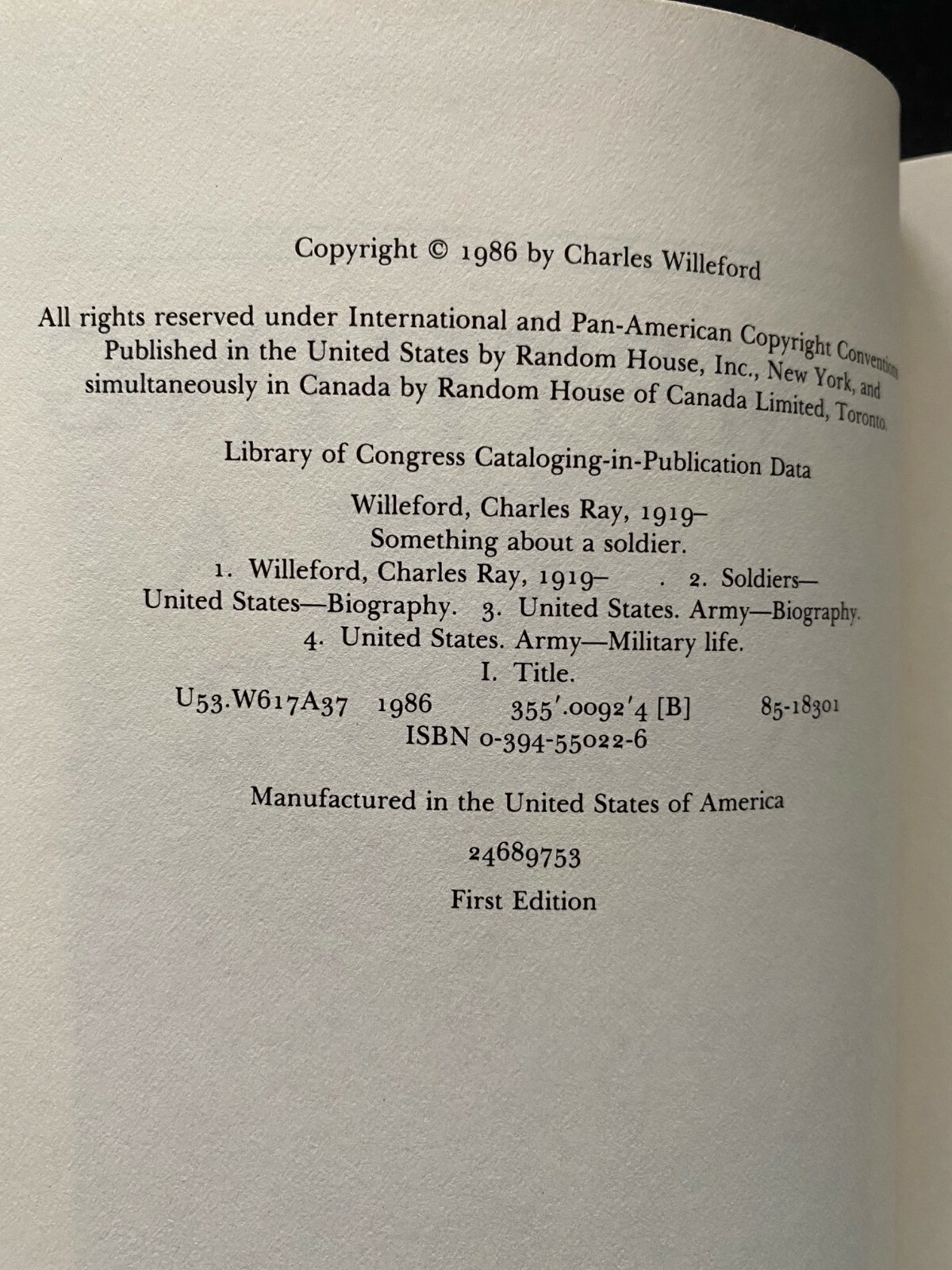 Something About A Soldier, Charles Willeford – 1986 – 1st Ed, 1st Prtg HC Book