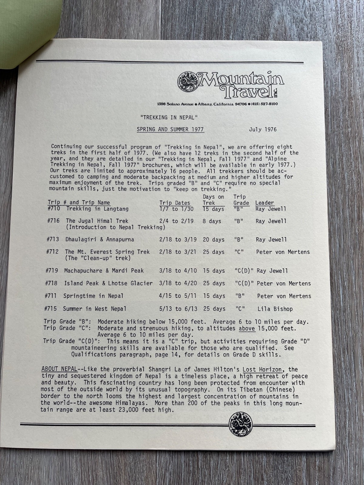 1977 nepal spring & summer – from mountain travel in california ( stapled )