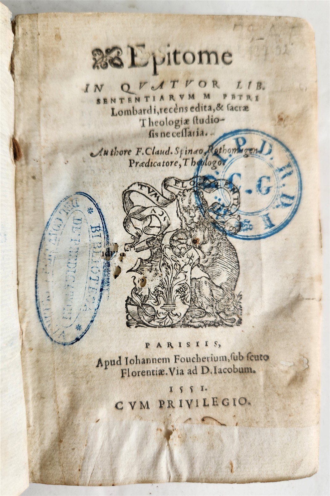 1551 COMMENTARIES to Peter Lombard’s Sentences by Spinaeus antique vellum 16th C