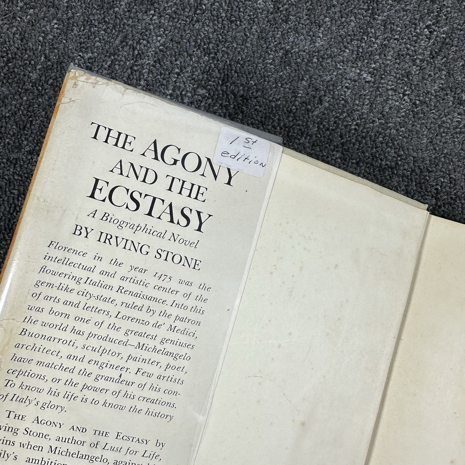 The Agony and The Ecstasy by Irving Stone (1961, Hardcover) Michelangelo 1st EDT