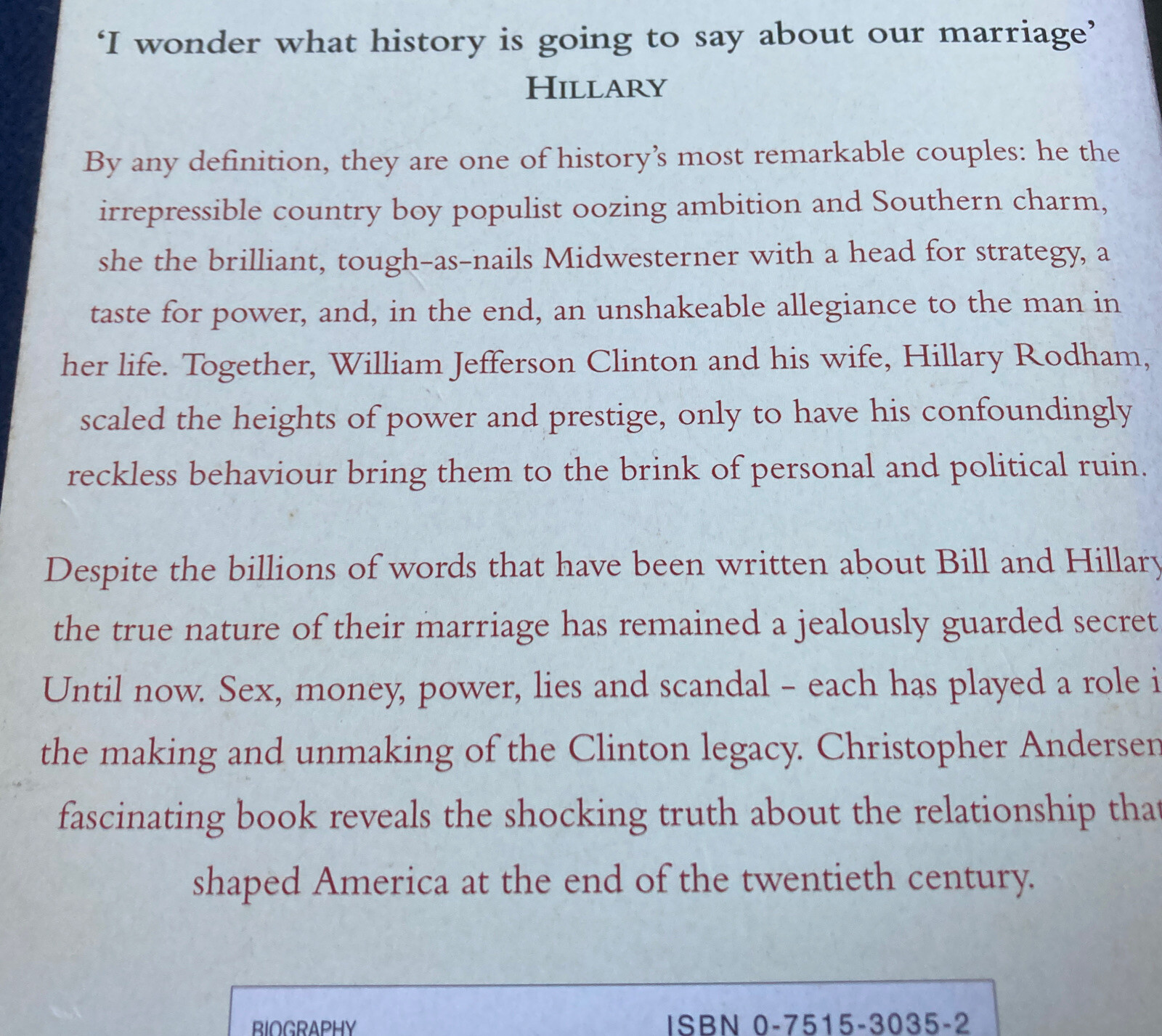 First UK Paperback Edition, ‘Bill And Hilary’ By Christopher Andersen