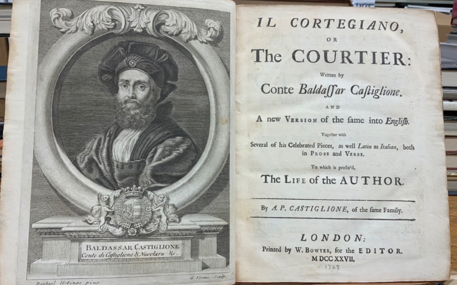 1727 Il Cortegiano (Courtier) Baldassar Castiglione First Parallel Text Edition