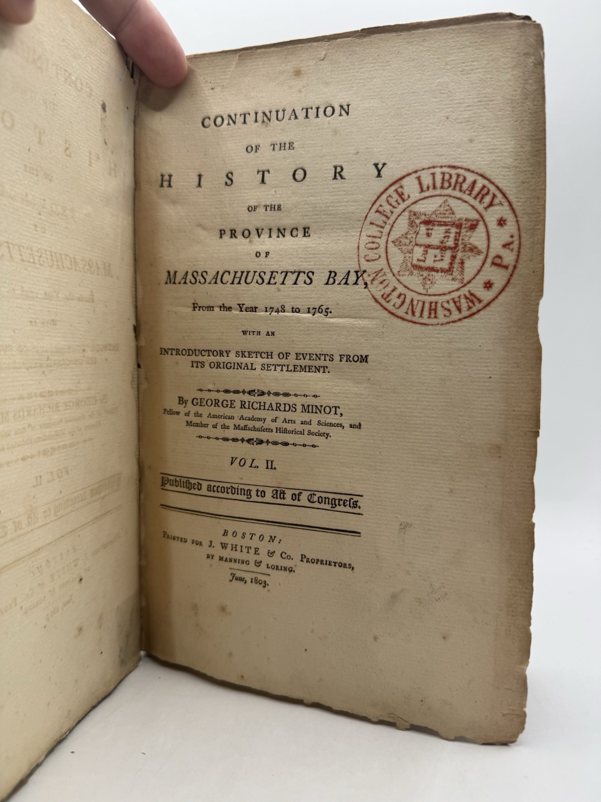 1803 A Continuation of the History of the Province Massachusetts Volume II Only