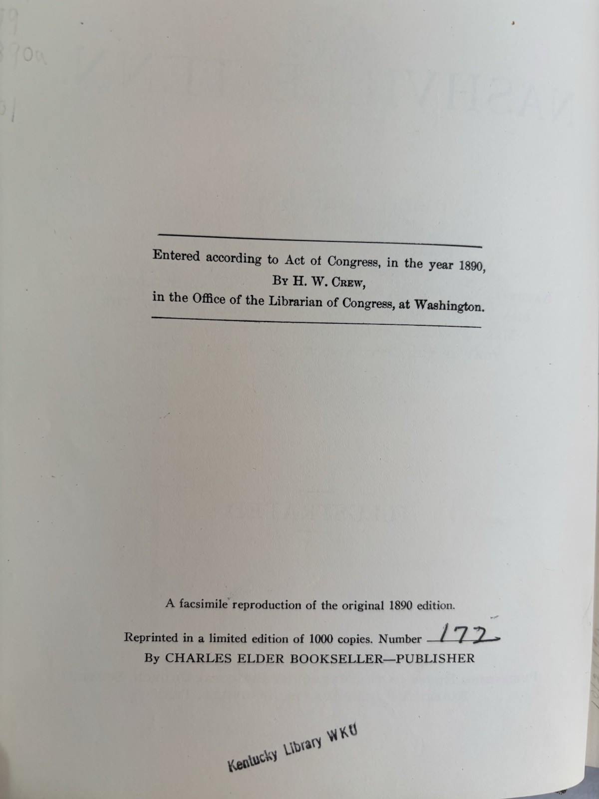 HISTORY OF NASHVILLE TENNESSEE reprint Charles Elder Limited Edition 172 of 1000