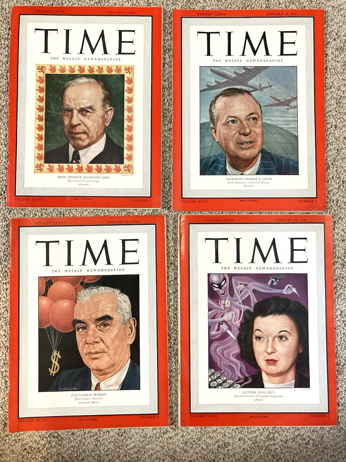 TIME MAGAZINEs-JANUARY-1946- 4 ISSUES-JAN 7, 14, 21, 28-NO LABELS-ALL COMPLETE