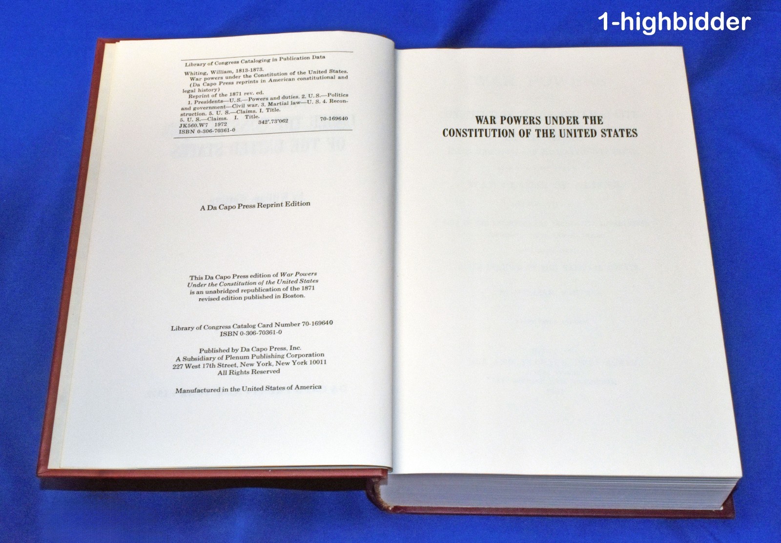 1871 War Powers Under the US Constitution Whiting 1972 HC Reprint Civil War Law