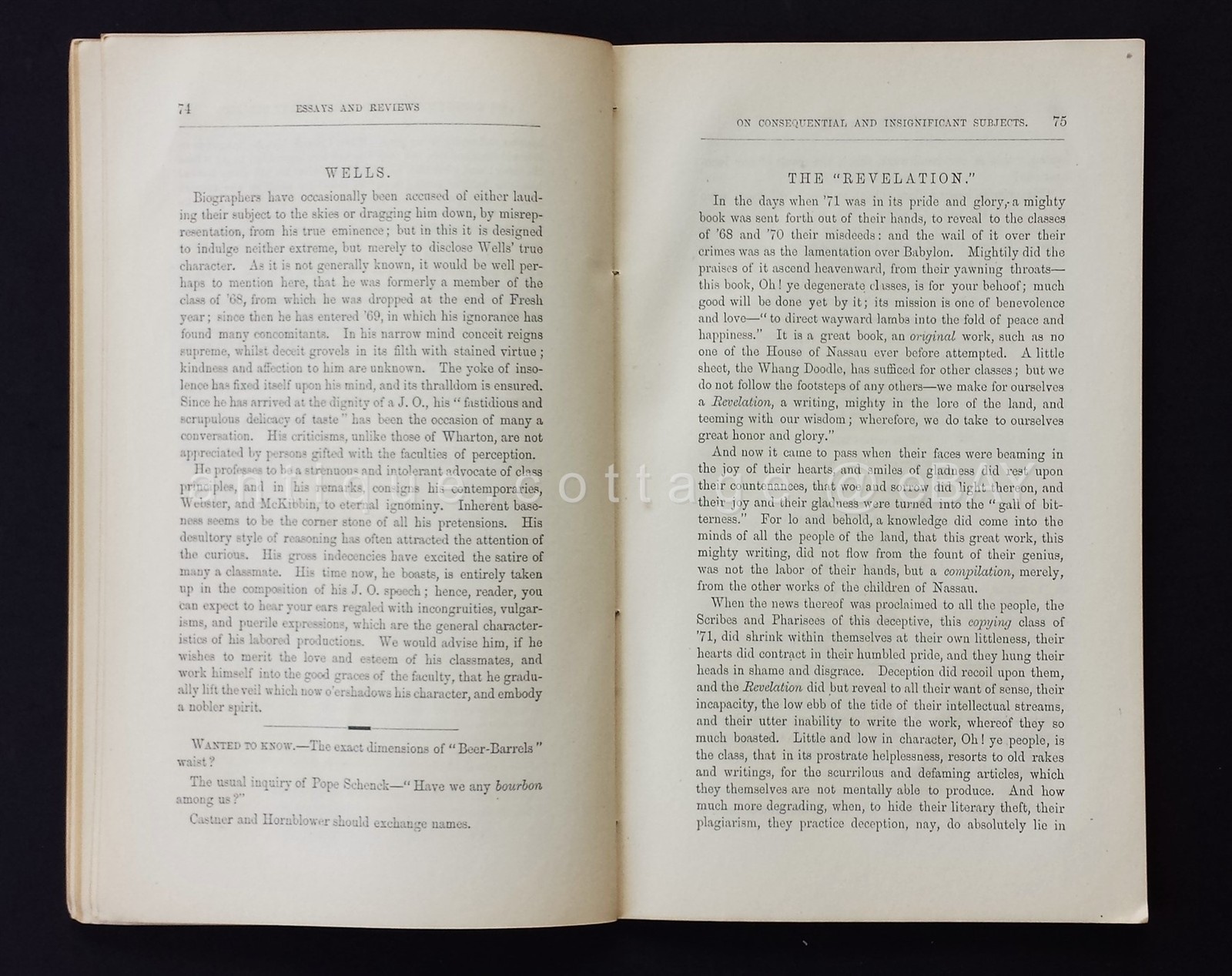 1868 antique PRINCETON UNIVERSITY STUDENT PUBLICATION poem non political correct