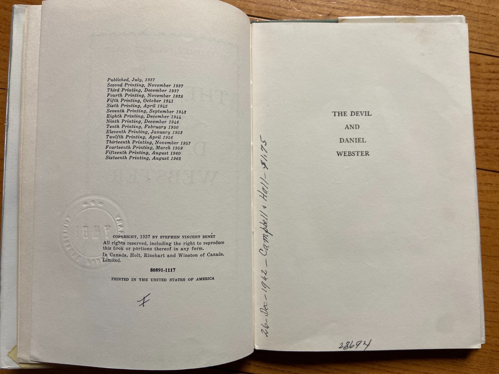 The Devil and Daniel Webster by Stephen Vincent Benét © 1937 hardcover library