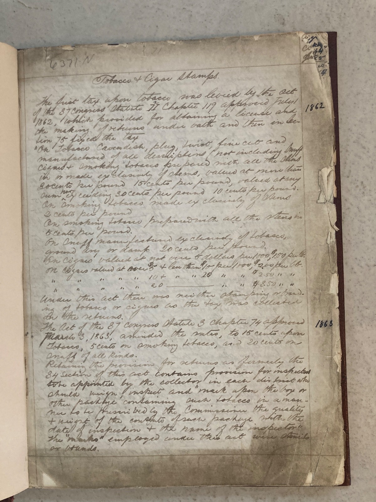 Handwritten manuscript Early Tobacco, Cigar, & Snuff philately stamp reference