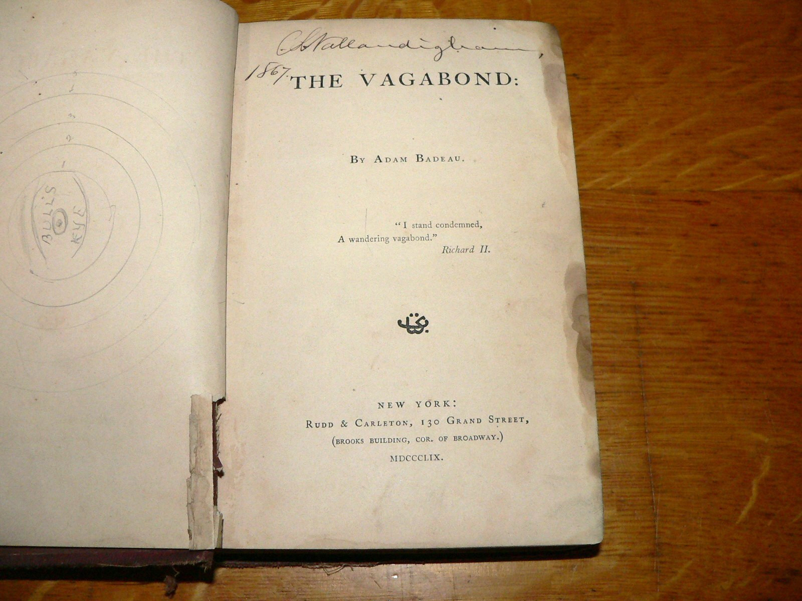 Antique 1859 „The Vagabond“ a Novel by Adam Badeau 1st Edition Hardcover Book