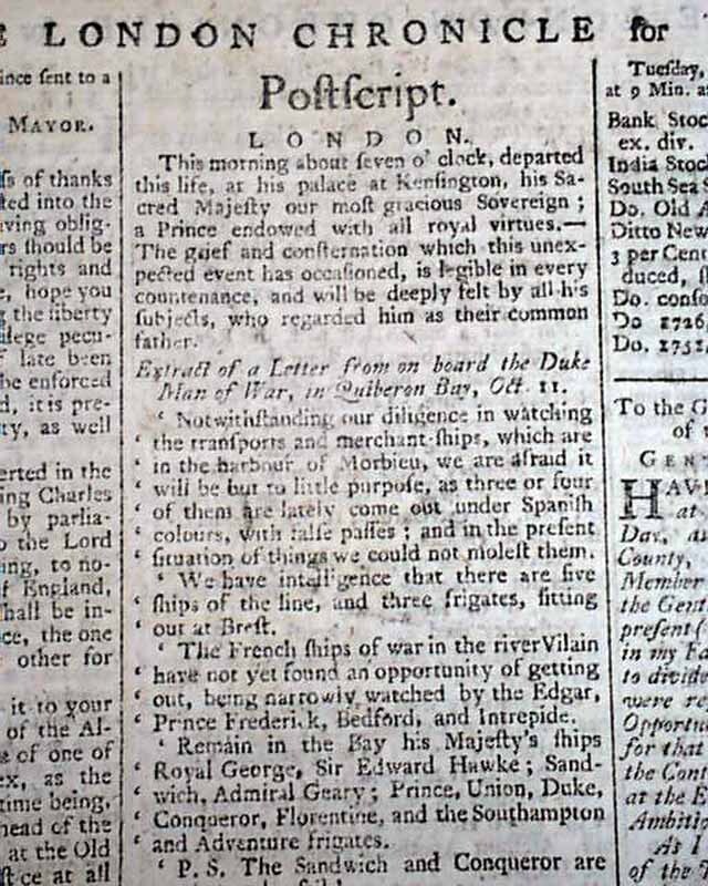 Best KING GEORGE II of Great Britain London Chron. DEATH 1760 Old UK Newspaper