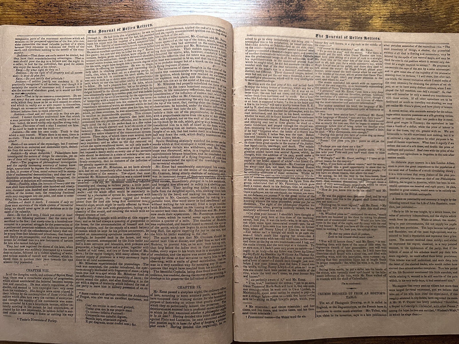 1839 Thomas Love Peacock “Headlong Hall” Novella Early Newspaper Print Release